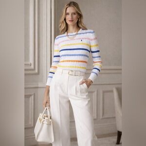 Ralph Lauren White Cable Knit Sweater with Blue, Yellow, Pink & Orange Stripes